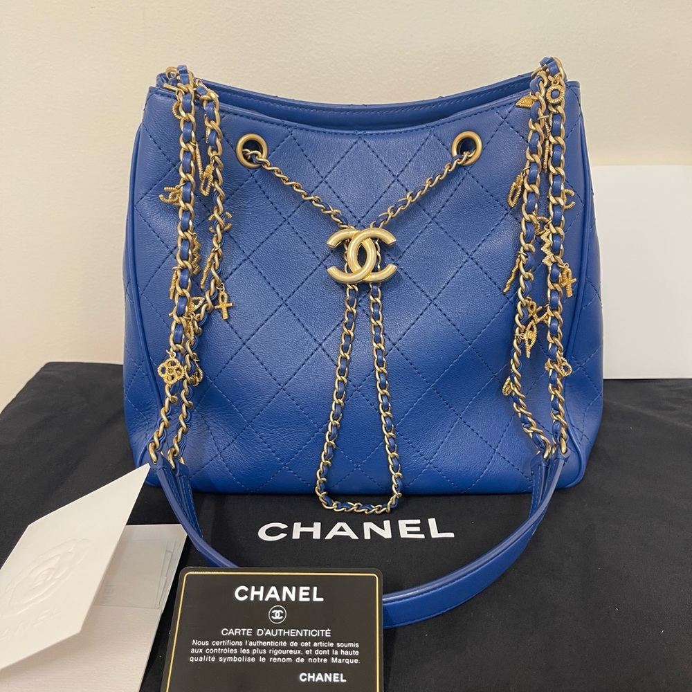 Authentic CHANEL Calfskin Stitched Egyptian Amulet Drawstring Bag Blue